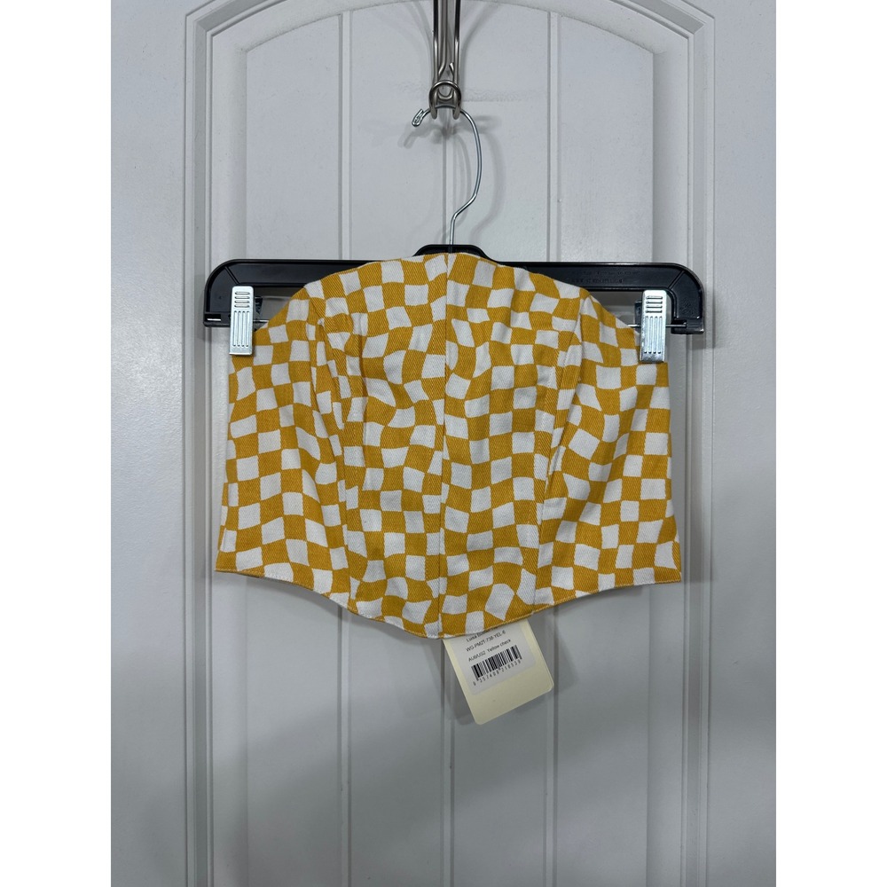 Peppermayo Luisa Bustier Top Yellow White Checkerboard Strapless Crop US 2 NEW